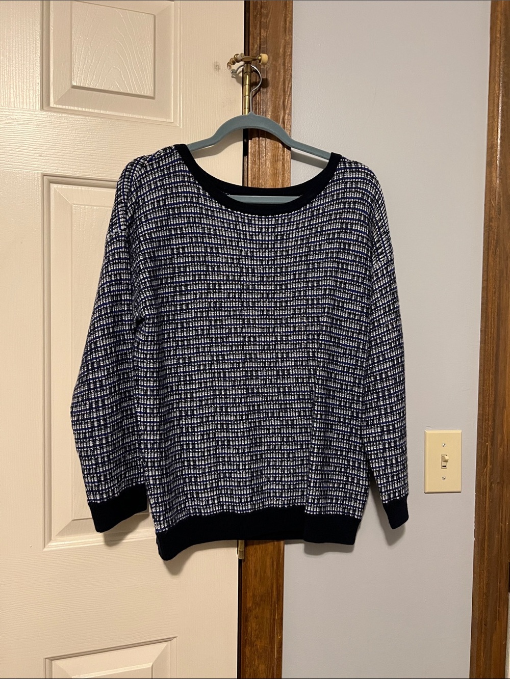 J. Crew Navy and White and Black Patterned Crewneck Sweater